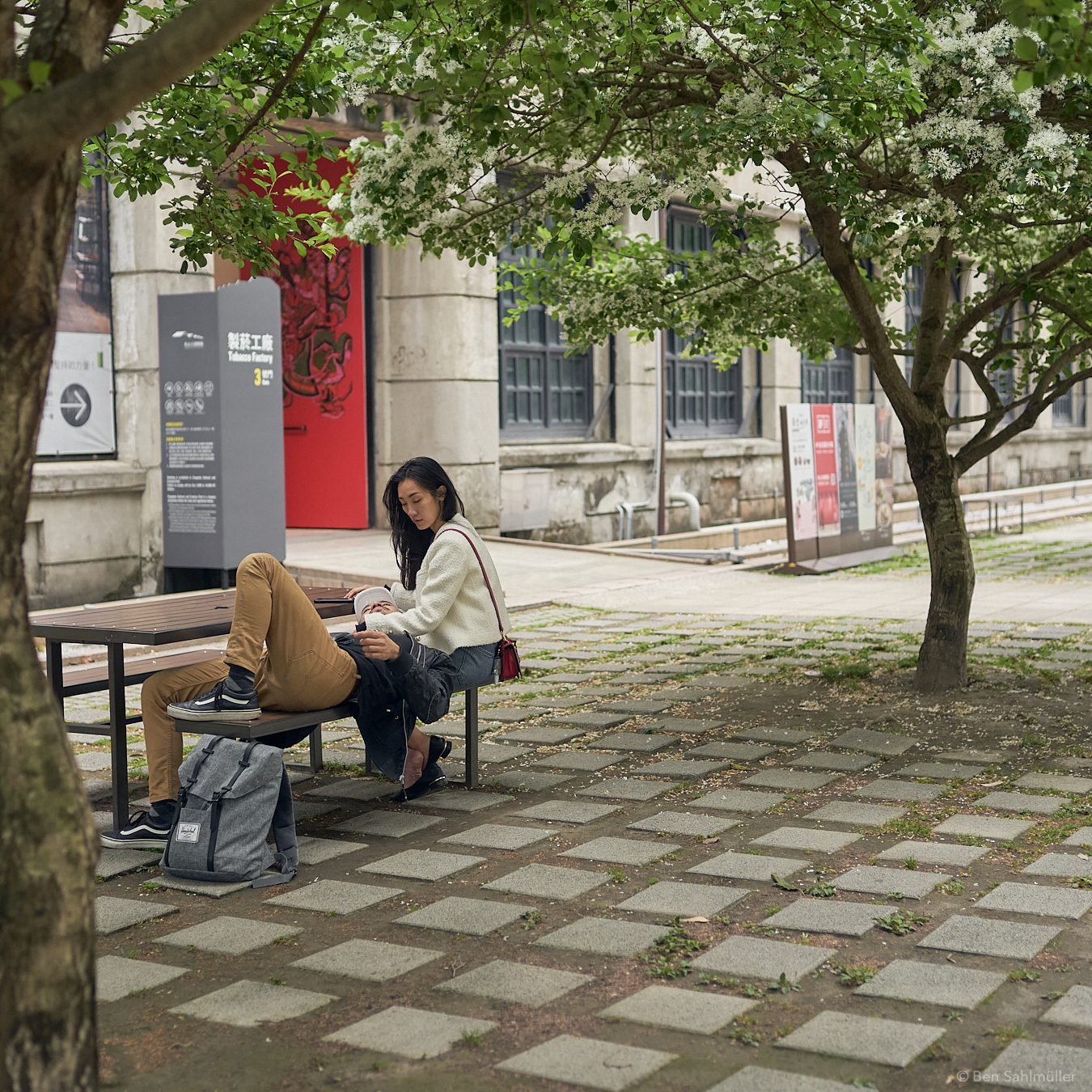 A couple on a bench, he is laying his head on her leg, she looks at him, while her hand caresses his hair.