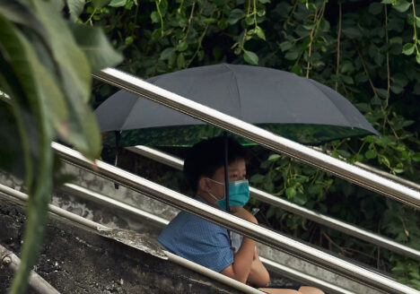 A young boy sitting under an umbrella on the stairs, watching the opera stage.